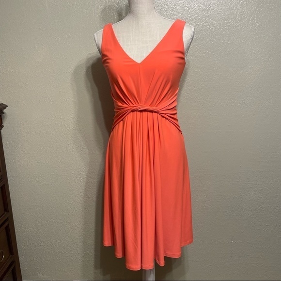 T Tahari Sleeveless Twist Front V Neck MIDI Dress Bright Salmon - Picture 6 of 13